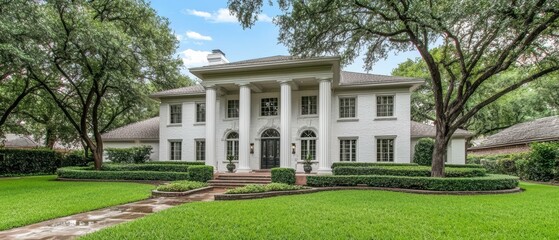 Obraz premium Elegant white mansion with lush greenery and classic pillars, showcasing beautiful architecture and serene landscaping.