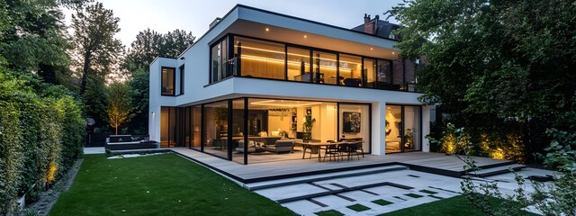 Modern house with white walls, black roof, and large glass windows