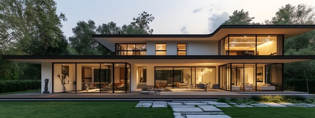 Modern house with white walls, black roof, and large glass windows
