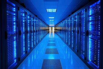 Server Racks in a Modern Data Center with Blue Lighting