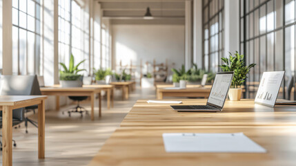 A bright, minimalist office with wooden desks and light-colored furniture, analysts and economists working quietly with clean, digital charts on sleek laptops