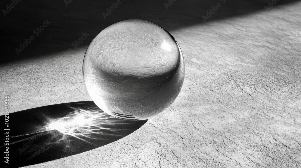 Poster a glass sphere placed on a textured surface, its smooth curves casting sharp, elongated shadows in c