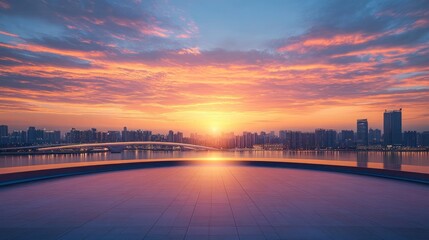 Empty square floor with modern city buildings scenery at sunset. Urban sunset with modern buildings and empty square floor.