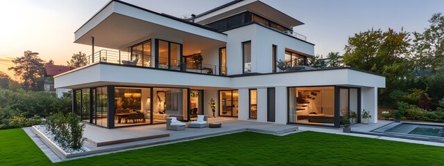 Modern house with white walls, black roof, and large glass windows
