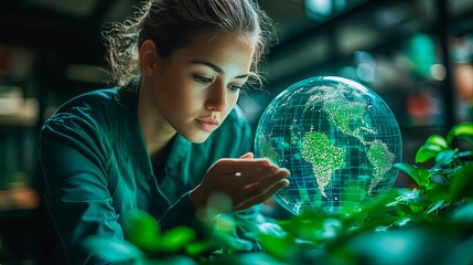 Naklejka premium The hand of a human holding an earth covered in green and a tree on it is a symbol for ESG and climate change