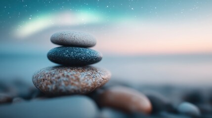 A serene scene of three smooth stones stacked in harmony with a softly lit starry sky and a calming horizon blending into the background atmosphere.