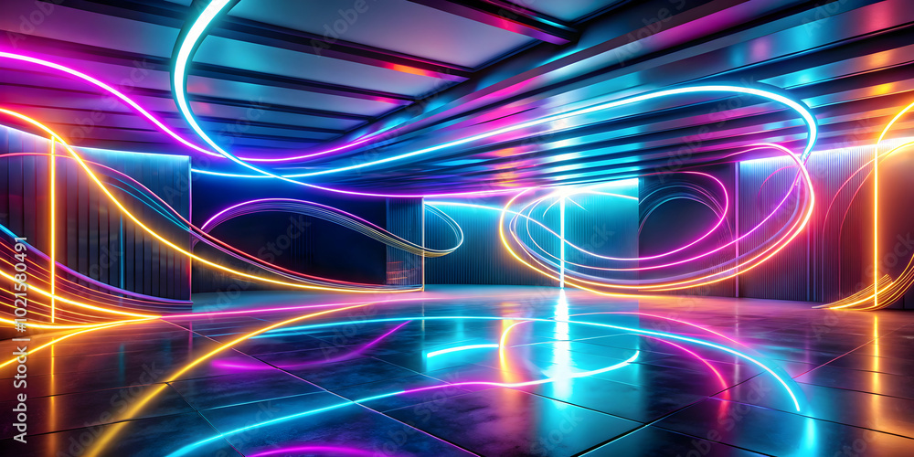 Poster neon dreamscape: abstract vibrant neon lights illuminate a futuristic space, creating a mesmerizing 