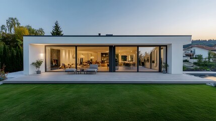 Modern house with white walls, black roof, and large glass windows