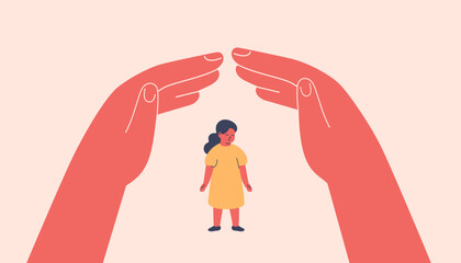 Human hands created secure environment for small girl via home roof gesture. Childproofing, supervision, and teaching safety rules. Adoption and Adults taking care about kids. Vector illustration