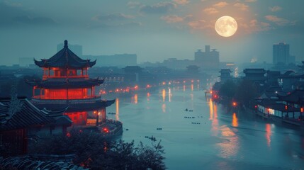 Obraz premium A beautiful cityscape of a Chinese city with a river running through it and a full moon in the background