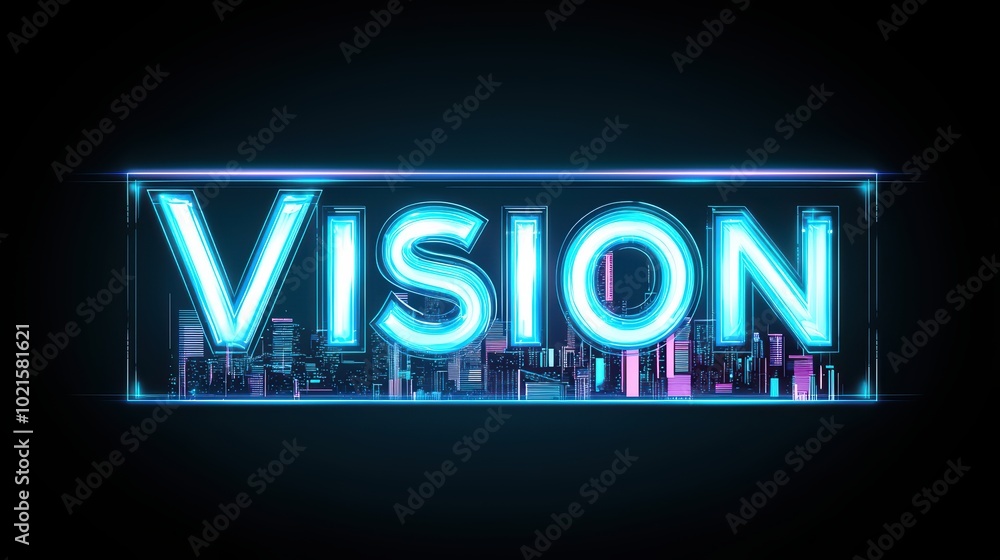 Poster illuminated neon text 'vision' with a cityscape background on a dark canvas.