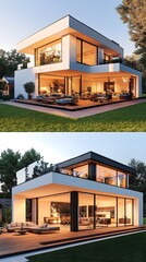 Modern house with white walls, black roof, and large glass windows