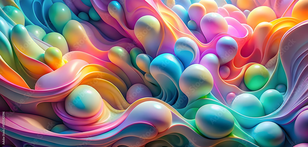 Poster rainbow swirl: abstract digital art of vibrant, iridescent swirls and bubbles, creating a mesmerizin