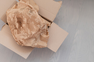Corrugated paper for safe transportation, delivery service are packed, ecological packaging concept