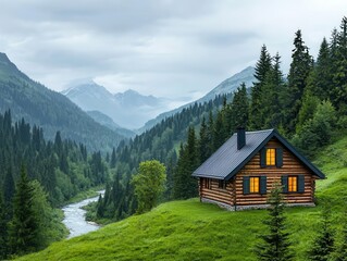 A log cabin nestled among pine trees, with panoramic windows offering views of rolling hills and a mountain river winding through the landscape