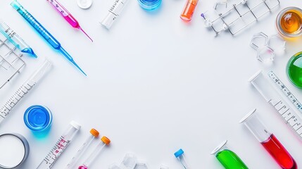 Laboratory equipment and glassware arranged on a white background, ideal for scientific presentations and educational materials.