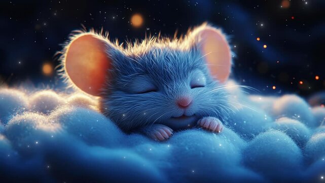 A cozy little mouse peacefully sleeps on a fluffy cloud under a starry night sky, bringing dreams to life in a magical realm