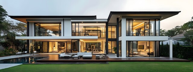 Modern house with white walls, black roof, and large glass windows