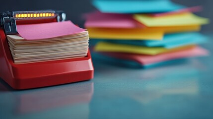 A red office stapler sits beside a stack of colorful neon sticky notes, highlighting the vibrancy of modern workspaces and the organized chaos of office life.