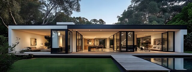 Modern house with white walls, black roof, and large glass windows