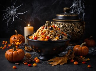 A spooky graveyard filled with flickering candlelight and shadows