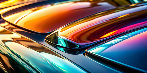 Chromatic Car Hood: Iridescent paint reflects vibrant colors on a classic car hood, showcasing the artistry and detail of automotive design.  