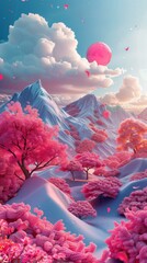 Magical Pink Cherry Blossom Landscape Illustration