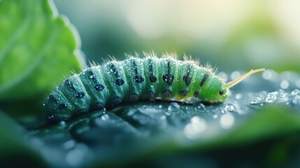 Naklejka premium A high-resolution close-up of a dewy caterpillar moving across a lush green leaf, beautifully highlighting the fresh morning ambiance and life’s small wonders.