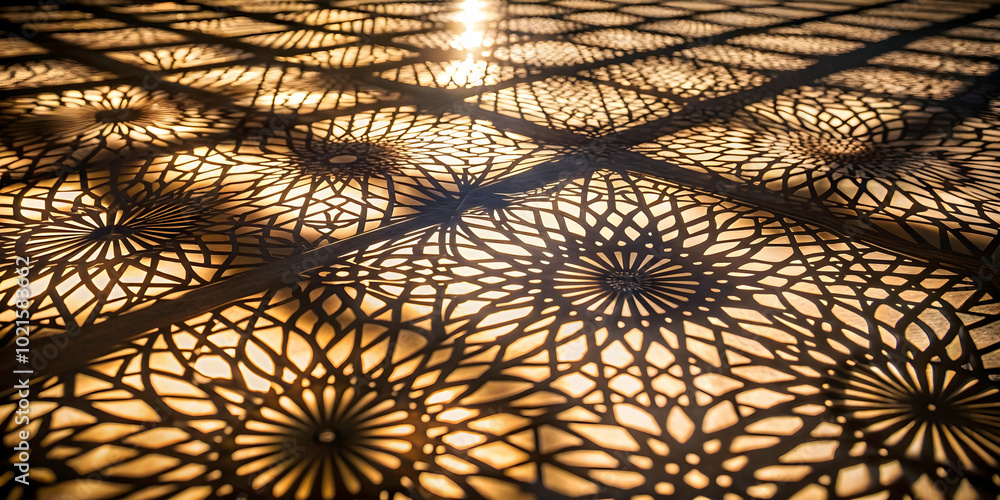 Poster intricate latticework: a captivating perspective of a geometric latticework pattern bathed in the wa