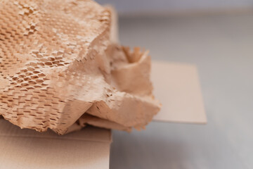 Corrugated paper for safe transportation, delivery service are packed, ecological packaging concept