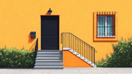 Cheerful Anime Vector Illustration of Old House Entrance with Yellow Wall and Black Door in Minimalist Style