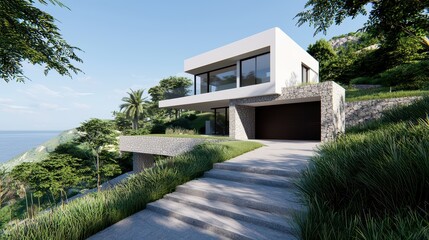 Modern house with sleek design and lush greenery surrounding it, situated on a hillside with a panoramic view.