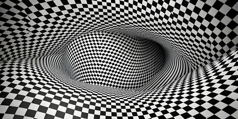 Checkerboard Vortex: A mesmerizing optical illusion of a swirling checkerboard pattern creates a hypnotic vortex, drawing the viewer into a world of infinite depth and spatial distortion.