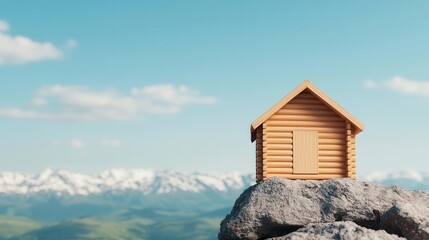 A wooden cabin built on a rocky mountain ledge, providing a panoramic view of lush green valleys and distant snow-capped mountains, bright sunlight