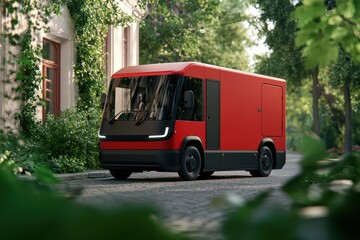 Fototapeta premium Modern red delivery van parked near greenery in a residential area.