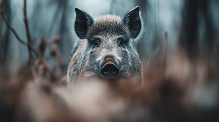 A wild boar stands alert amidst the forest backdrop, with its focused gaze capturing the raw essence of wildlife and the serenity of unspoiled nature.