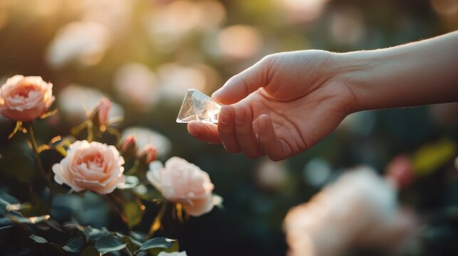 A delicate hand holds a clear prism among blooming pink roses, capturing sunlight and creating a serene, dreamlike atmosphere in a garden setting.