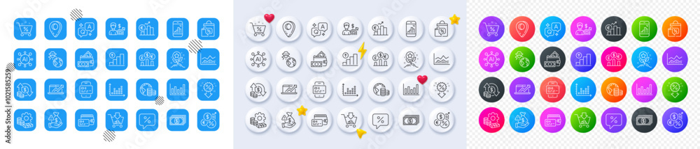 Poster wallet, shopping and graph chart line icons. square, gradient, pin 3d buttons. ai, qa and map pin ic