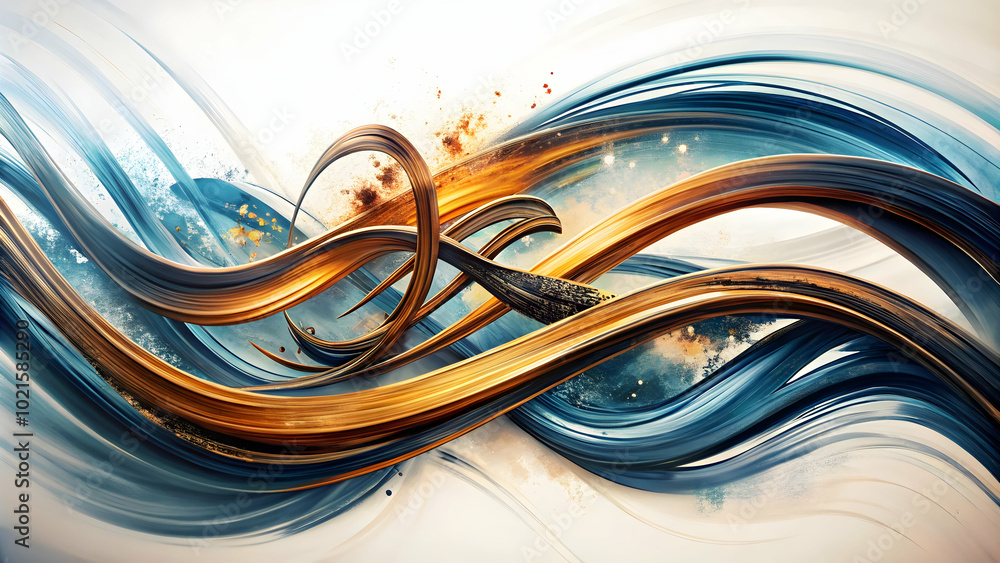 Poster abstract flow: intertwining gold and blue lines dance in a mesmerizing abstract composition, creatin