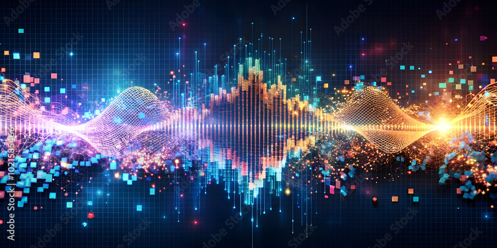 Poster abstract soundwave symphony: vibrant, dynamic visualization of audio waves, showcasing a mesmerizing