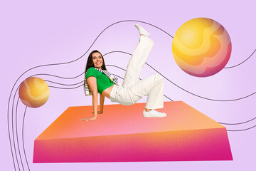 Creative collage young cheerful girl dance funky performance hobby professional motion rhythm...