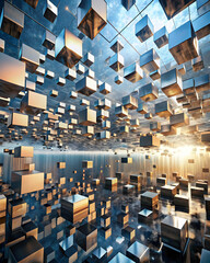 Metallic Dreamscape: A surreal, abstract vision of a metallic landscape, where countless cubes shimmer under a vibrant sky. The image evokes a sense of wonder, mystery.