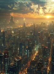 Fototapeta premium Futuristic City Skyline at Sunset