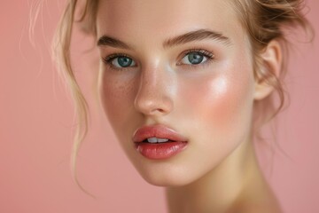 Naklejka premium Young woman with perfect skin and light makeup is posing on pink background in beauty shooting