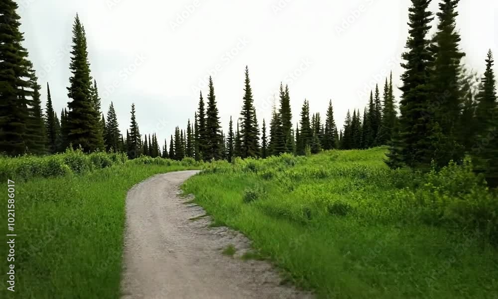 Poster enjoy a serene stroll along a winding path through a tranquil forest filled with towering pine trees
