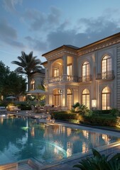 Luxury Mansion with Pool at Dusk