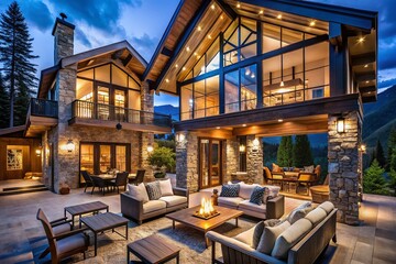 Fototapeta premium Stylish Modern Mountain Home Interiors Featuring Cozy Spaces and Contemporary Design Elements