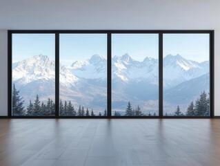 A luxurious mountain house with floor-to-ceiling glass walls, providing a panoramic view of snow-covered peaks and forests below, cool and serene
