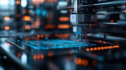 An advanced 3D printer in operation, surrounded by a glow of blue lights, emphasizing the technology and intricacy involved in state-of-the-art manufacturing techniques.