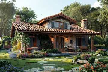 Obraz premium Rustic Stone House with Garden Illustration